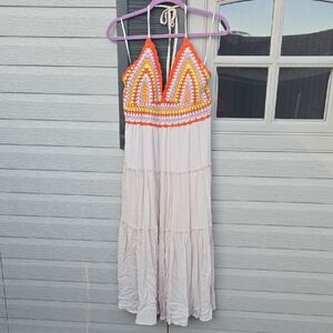 DAVI & DANI Elegant Cream Crochet Halter Maxi Dress Sz L